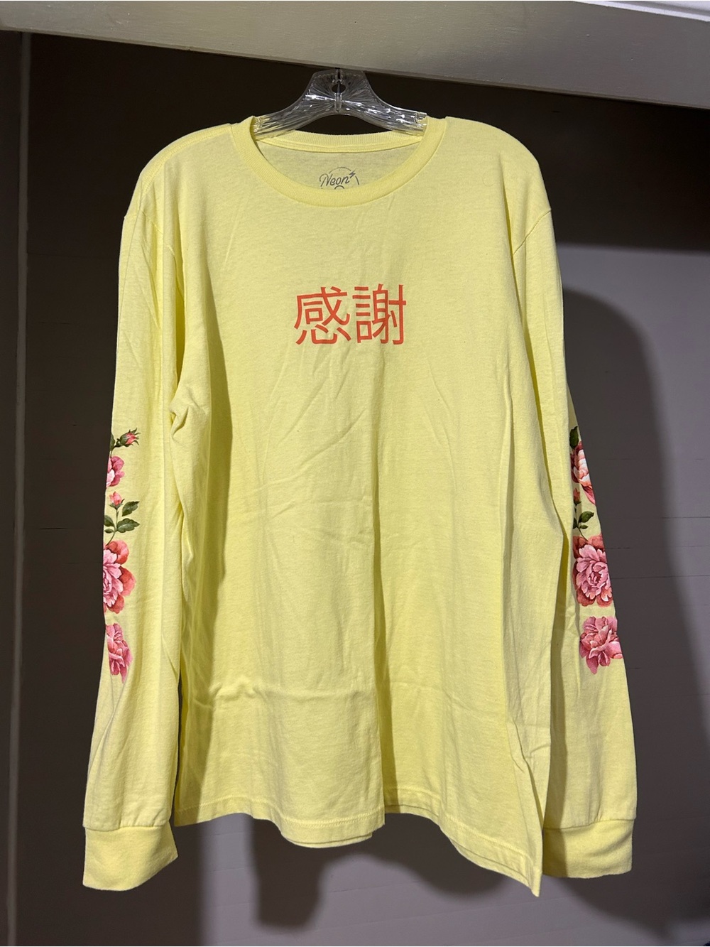 Yellow Floral Sleeve Long-Sleeve Tee with Script Graphic